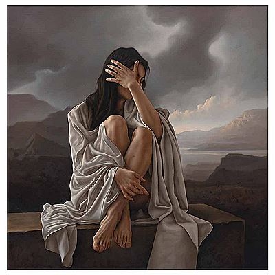 Figure touched by the fragility of a cloud