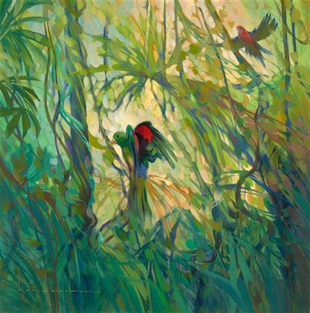Parrots, Enchanted Rainforest by Peter Abraham - Auction record, sale price, and art valuation. Compare with similar artists and explore comparable artworks.