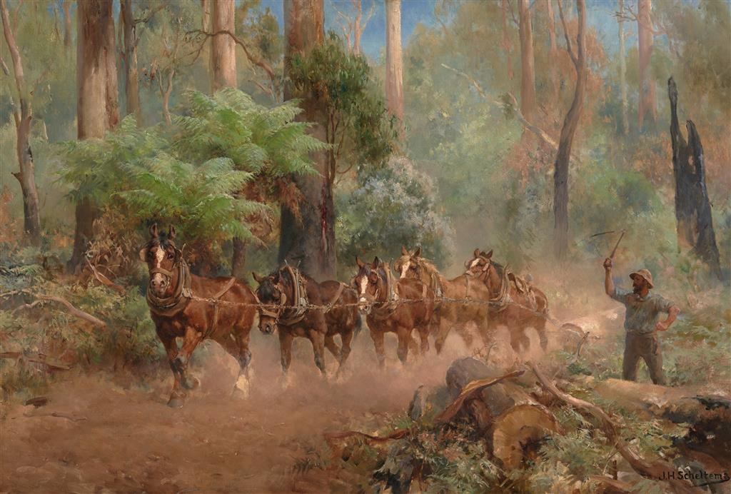 Hauling Logs, Victoria by Jan Hendrik Scheltema - Auction record, sale price, and art valuation. Compare with similar artists and explore comparable artworks.