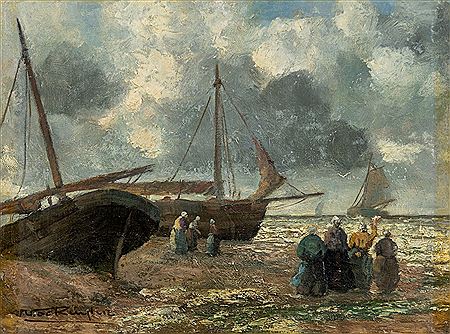 Holländische Fischersfrauen am Strand beim Verabschieden der ausfahrenden Kutter