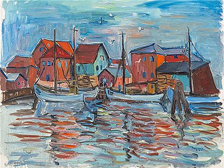 Fischerhafen mit roten Häusern und drei Segelbooten