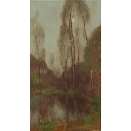 A WOODED MOONLIT RIVER LANDSCAPE
