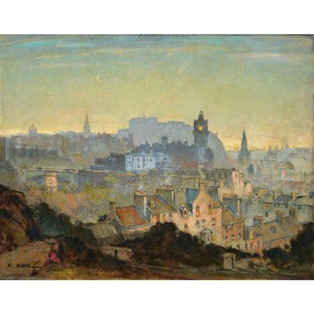 EDINBURGH SKYLINE AT SUNSET by Robert Eadie - Auction record, sale price, and art valuation. Compare with similar artists and explore comparable artworks.