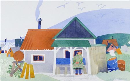 MS. HUNNICUTT'S CABIN, KOTZEBUE by Rie Munoz - Auction record, sale price, and art valuation. Compare with similar artists and explore comparable artworks.
