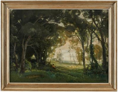 Romantic Landscape with Shepherd Scene in Evening Light