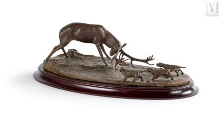 Stag attacking three dachshunds