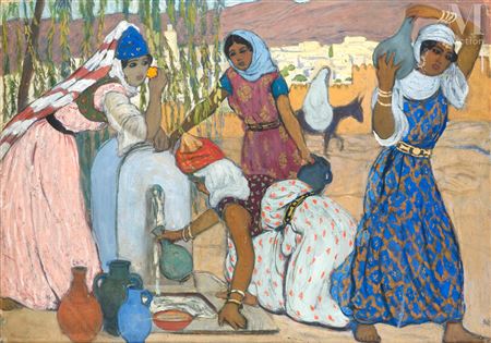 Young girls from Tlemcen at the fountain by Andre Sureda - Auction record, sale price, and art valuation. Compare with similar artists and explore comparable artworks.