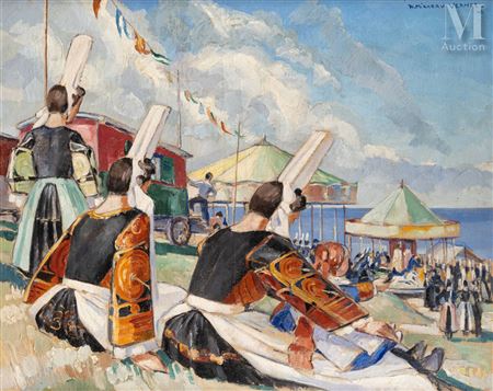 Bigoudènes and little girl at the funfair of Combrit by Robert Micheau-Vernez - Auction record, sale price, and art valuation. Compare with similar artists and explore comparable artworks.