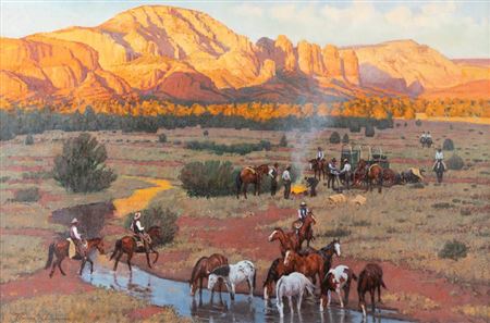 Sample artwork by Thomas William Lorimer (1941 - 2015), known for western cowboy, landscape and indian scene painting - View similar artists and auction records