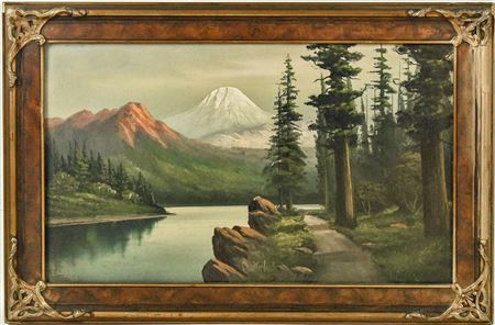Forested River Valley with Snow-Capped Mountains in the Distance