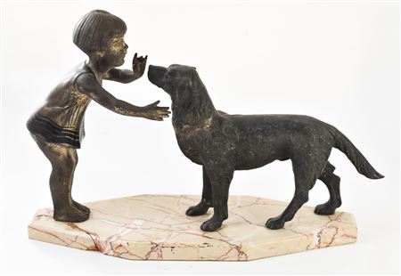 Child shushing labrador