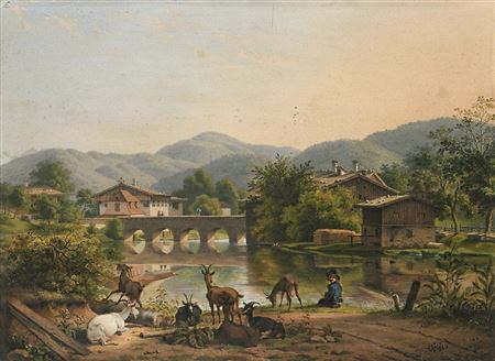 Shepherd with goats on the river bank, arched bridge and village