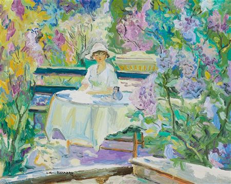 Sample artwork by Katia Pissarro (1936 - 2001), known for high color, expressive style female figures, still life and interior scene painting - View similar artists and auction records