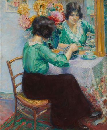 Woman pouring tea at a table with mirror by Jules Joets - Auction record, sale price, and art valuation. Compare with similar artists and explore comparable artworks.