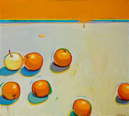 A Study Of Down-Rolling Oranges With A Staid Neon Apple