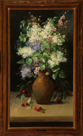 Großer Fliederstrauß und Kirschen