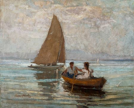 Bodensee Landscape with Rowboat and Sailing Ships