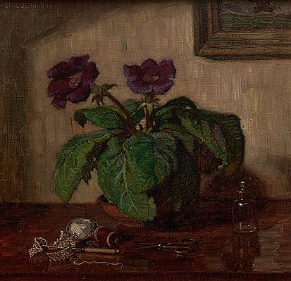 Still Life with Potted Plant, Glass Bottle, and Sewing Items