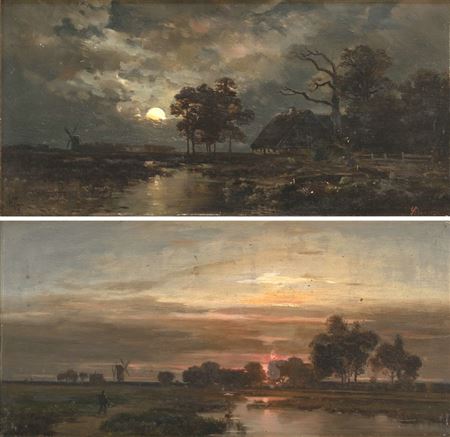 River landscape at evening light. River landscape at moonlight. (2)