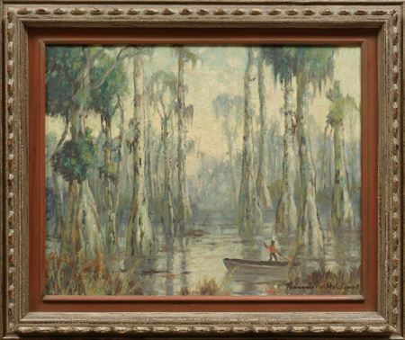 "Bayou Scene with Figure in Pirogue"