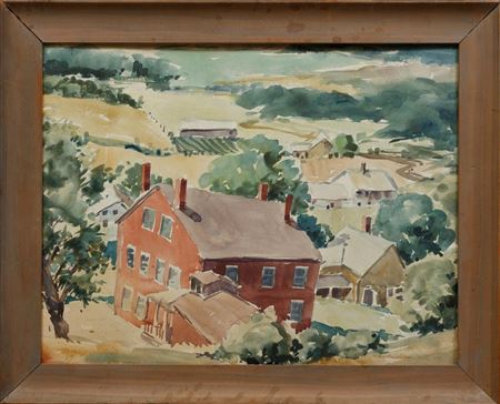 "Red House in Landscape of Rolling Hills"