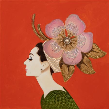 "Audrey with Pink and Gold Flower Headdress on Bright Orange Background"