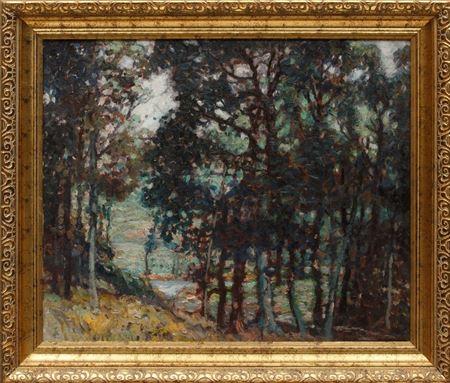 "Wooded Landscape Overlooking a Pond"
