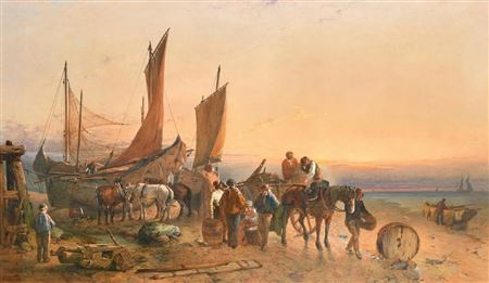 A busy shore scene, men tending their boats, a horse and cart being loaded and a group of figures by a basket of fish, another man tending three horses by Aaron Edwin Penley - Auction record, sale price, and art valuation. Compare with similar artists and explore comparable artworks.