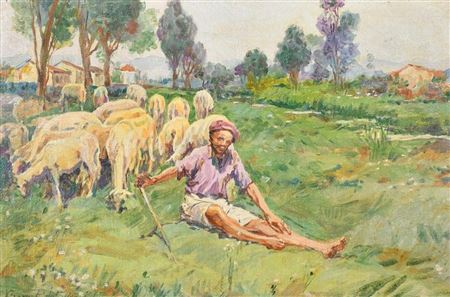 A shepherd and his flock in an open landscape