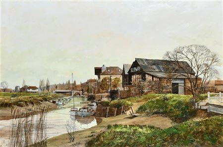 A river scene with the tide out and boats tied up near a slipway