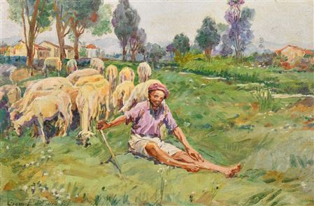 Brazilian, a shepherd and his flock in an open landscape