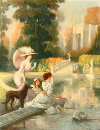 Elegant female figures and swans in a formal garden