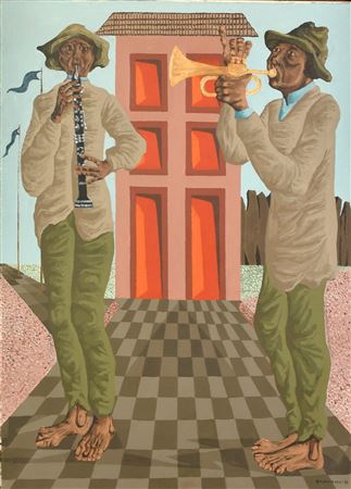 Two figures playing wind instruments