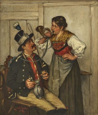 Coachman and woman wearing a dirndl