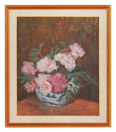 "Still Life of Peonies in a Cantonese Bowl " by Lucien Abrams - Auction record, sale price, and art valuation. Compare with similar artists and explore comparable artworks.