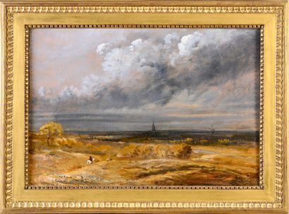 Panoramic landscape with mill and rider
