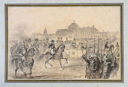 Military parade, given by Naopleon III, in honor of Queen Victoria in front of the military school, 1855