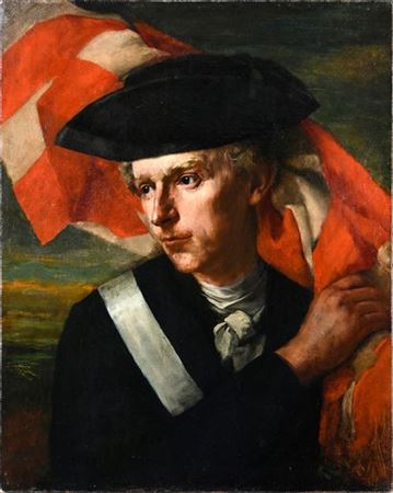 A Continental Army soldier draping himself in the Betsy Ross Flag