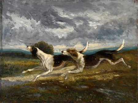 Two Anglo-French tricolors on the run, in a landscape with a stormy sky