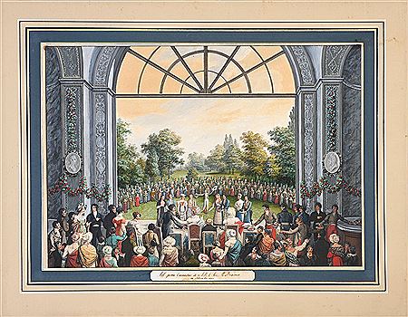 Celebrations given on the occasion of the "onomastic feast" of the Duchess of Modena: Concert of a children's choir and delivery of baskets of fruit to an array of guests, among whom we notice the Duchess