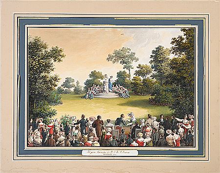 Celebrations given on the occasion of the "onomastic feast" of the Duchess of Modena: Concert of a children's choir, surrounding a sculpted bust, in front of an audience of guests, among whom we notice the Duchess