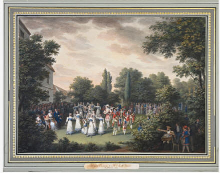 Celebrations given on the occasion of the "onomastic feast" of the Duchess of Modena: Dances of young girls with garlands of flowers, in a garden, in front of an array of guests, among whom we notice the Duke and the Duchess