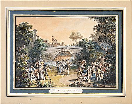 Ballet led by a dancer dressed as Neptune, on the bank of a river (the Secchia?)