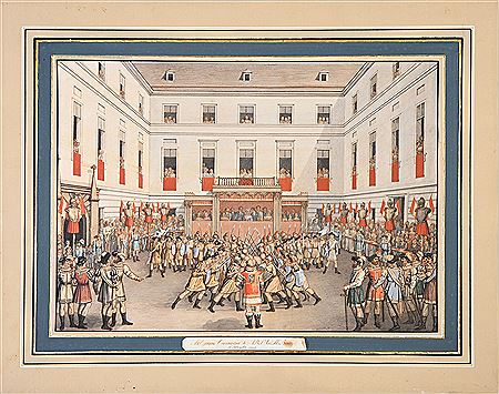 Ballet of knights in the courtyard of a Palace, in front of a tribune in which the Duchess is noticed