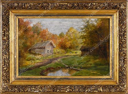 View of a dacha in a forest beside a pond