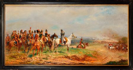 Emperor Napoleon I and his staff observing a charge of cuirassiers by Eugene Pechaubes - Auction record, sale price, and art valuation. Compare with similar artists and explore comparable artworks.