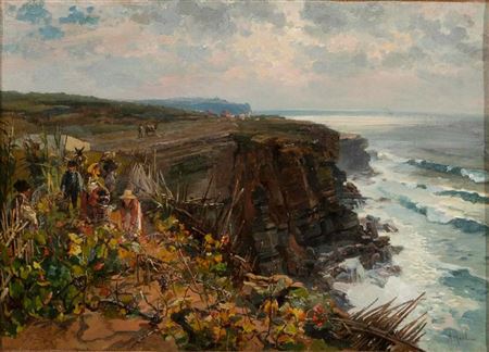 View of the Sintra coast, on the cliffs in the Ulgueira region, with the Cabo da Roca Lighthouse in the background by Alfredo Keil - Auction record, sale price, and art valuation. Compare with similar artists and explore comparable artworks.