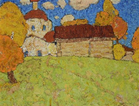 Sample artwork by Wladimir Youkine (1920 - 2000), known for folk art style oil on cardboard painting, buildings in landscape - View similar artists and auction records