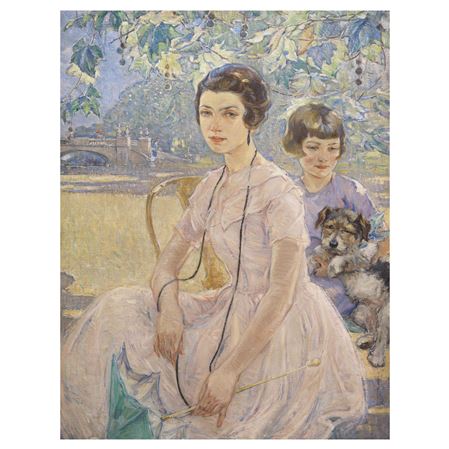 LADY IN WHITE AND LITTLE GIRL WITH DOG