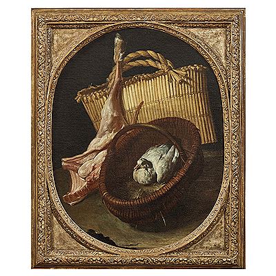 STILL LIFE WITH DOVE IN A BASKET, BAG AND QUARTER OF KID